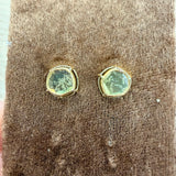 Diamond Slice Earrings in recycled gold from Tura Sugden shown on a brown textured display.